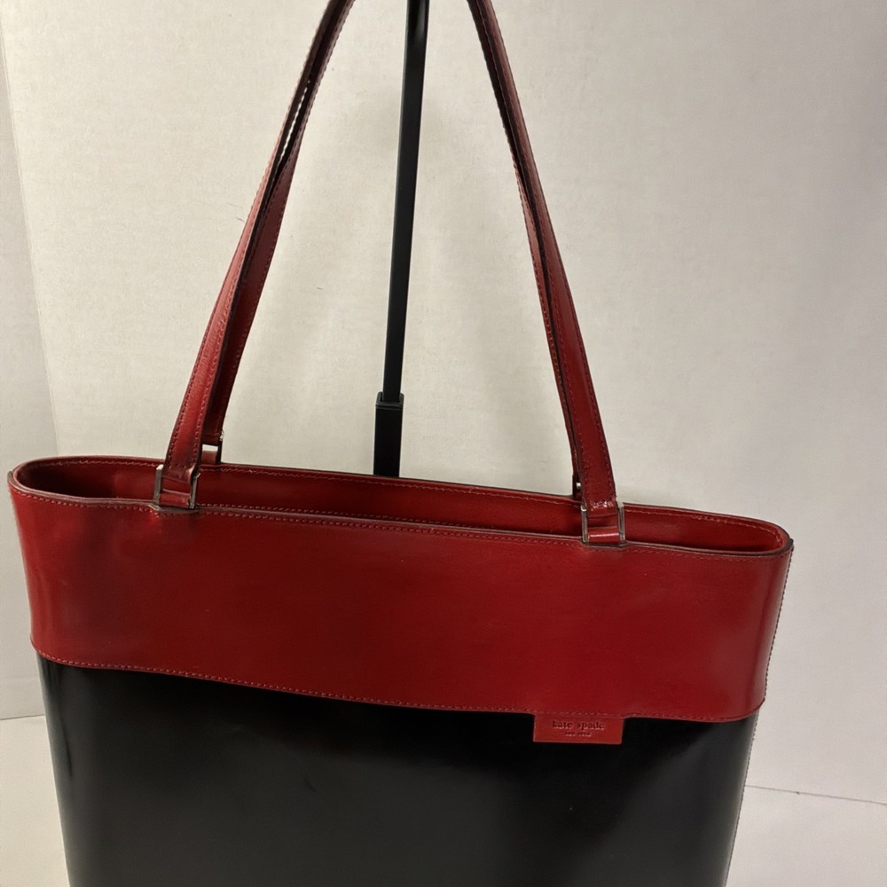 Kate Spade Red Black Colorblock Leather Tote Work Laptop Shoulder Bag Large - Picture 3 of 13